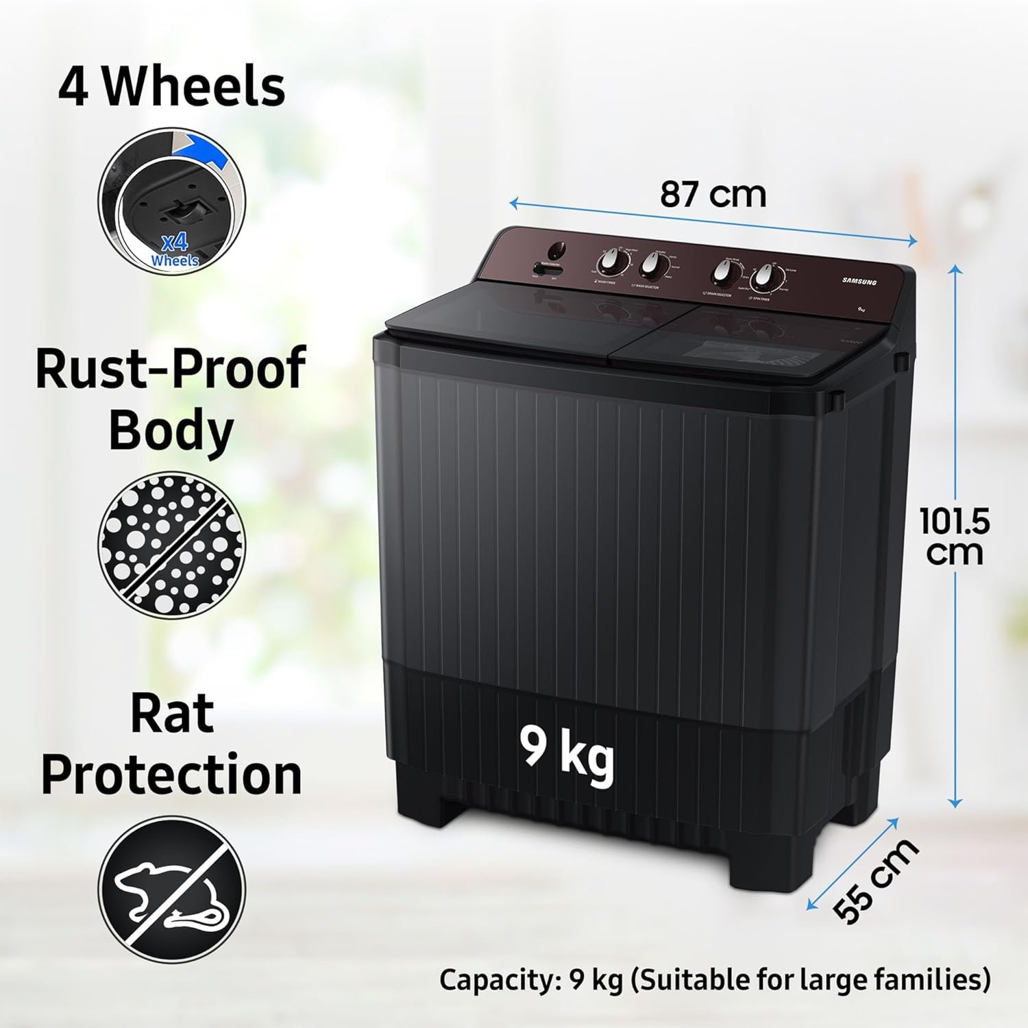 Samsung 9.5 Kg, 5 Star, Semi-Automatic Top Load Washing Machine (Air Turbo Drying, Dark Gray, 5 Year Warranty on Wash Motor)