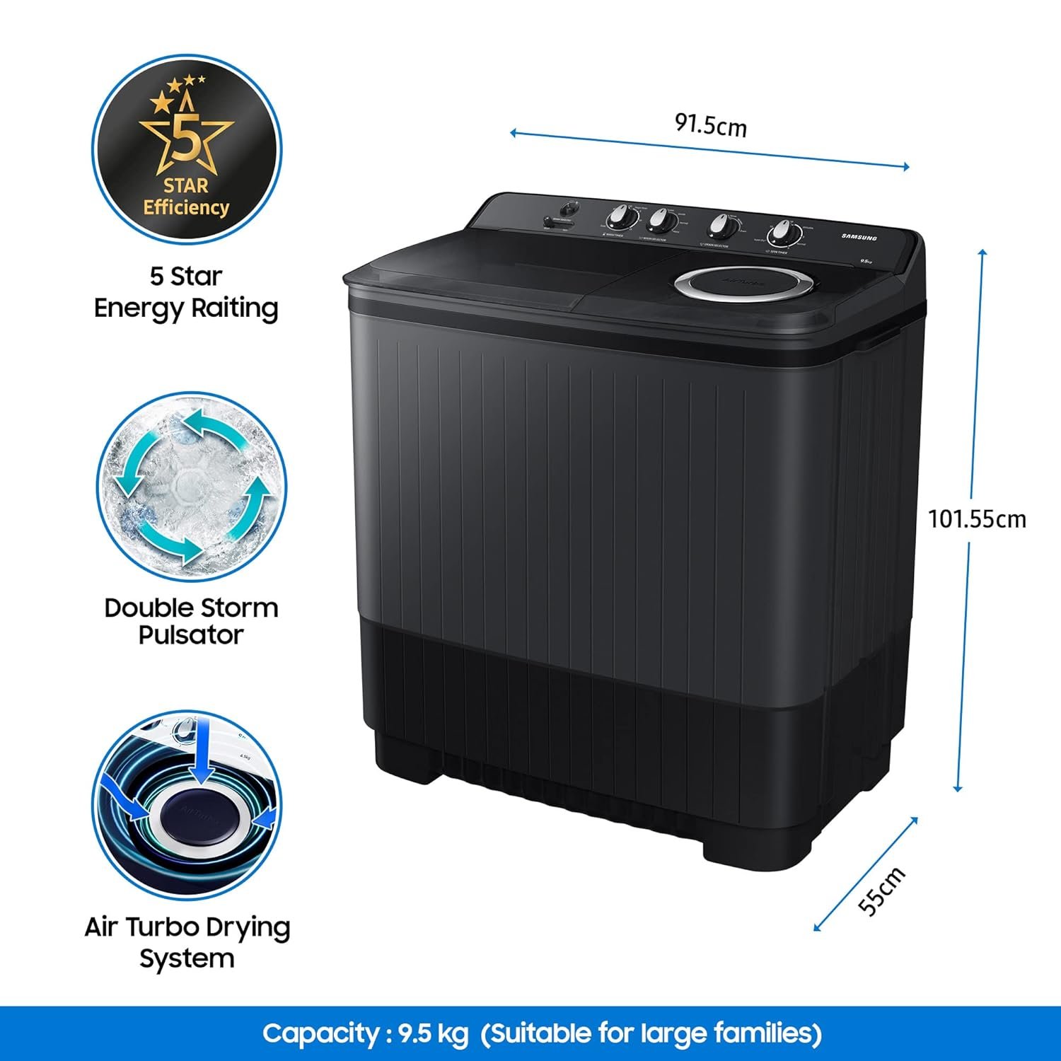 Samsung 9.5 Kg, 5 Star, Semi-Automatic Top Load Washing Machine (Air Turbo Drying, Dark Gray, 5 Year Warranty on Wash Motor)