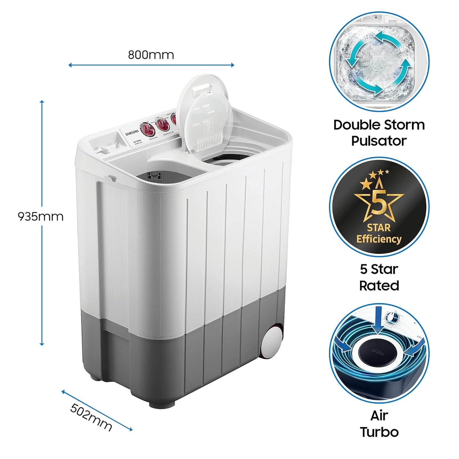 Samsung 9.5 Kg, 5 Star, Semi-Automatic Top Load Washing Machine (Air Turbo Drying, Dark Gray, 5 Year Warranty on Wash Motor)