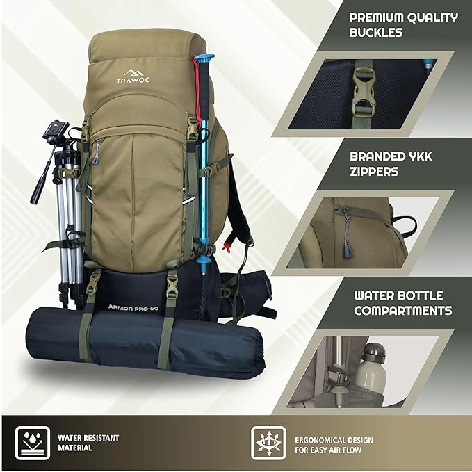 TRAWOC ARMOR PRO 60L Internal Fiber Frame Travel Backpack