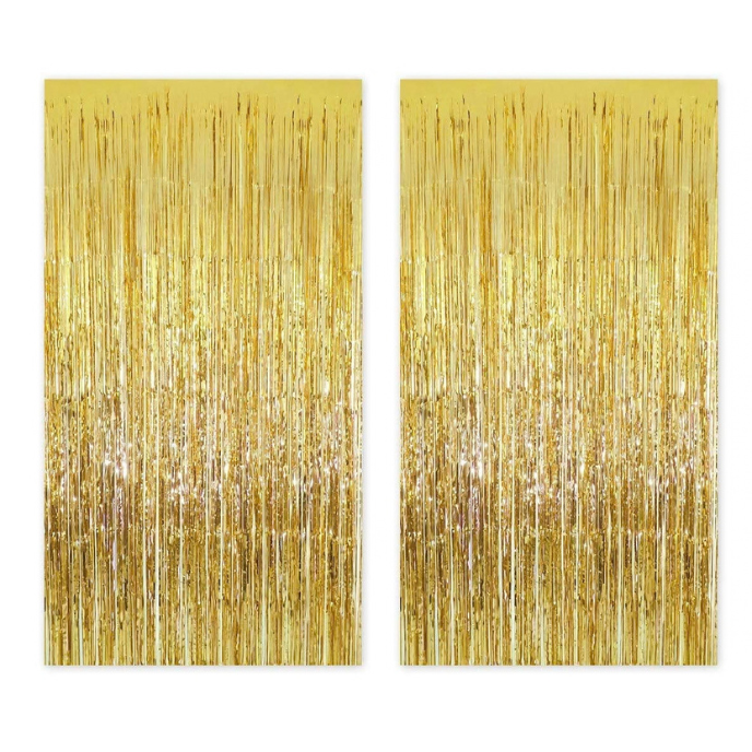 Gold Metallic Foil Fringe Curtain Backdrop – 2 Piece Party Decoration Set