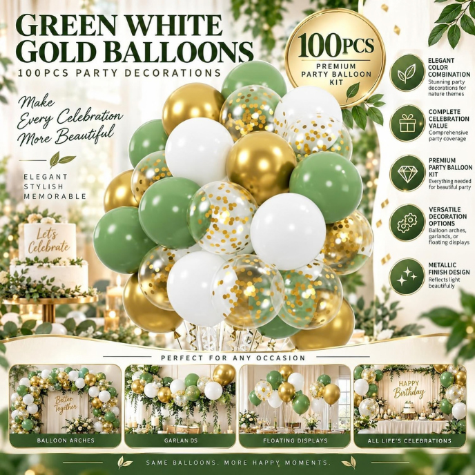 Treasure Metallic, green gold white Confetti Balloon Decoration Set for Party & Events 60 Pack