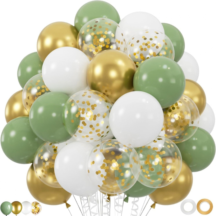 Treasure Metallic, green gold white Confetti Balloon Decoration Set for Party & Events 60 Pack