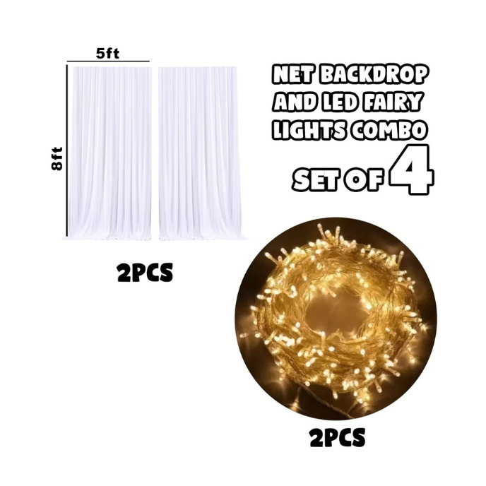 White Net Backdrop with Warm LED Fairy Lights – 4 Piece Event Decoration Set