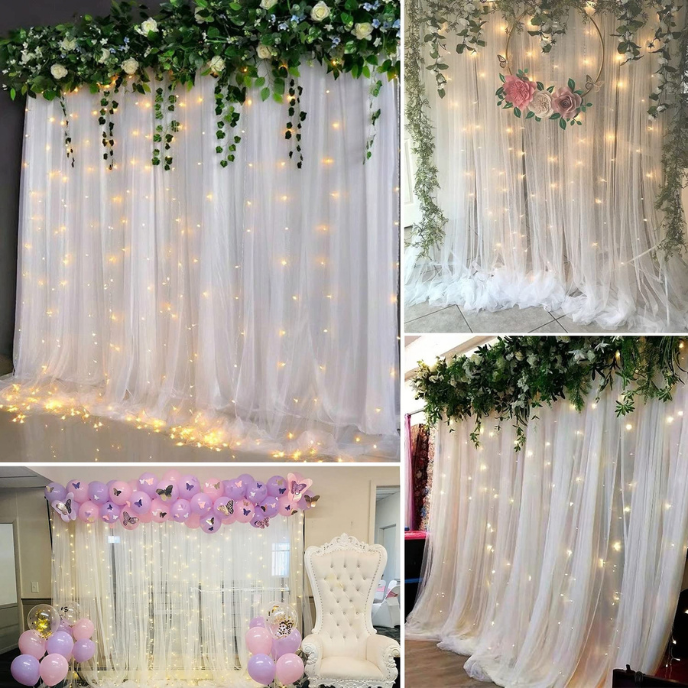 White Net Backdrop with Warm LED Fairy Lights – 4 Piece Event Decoration Set