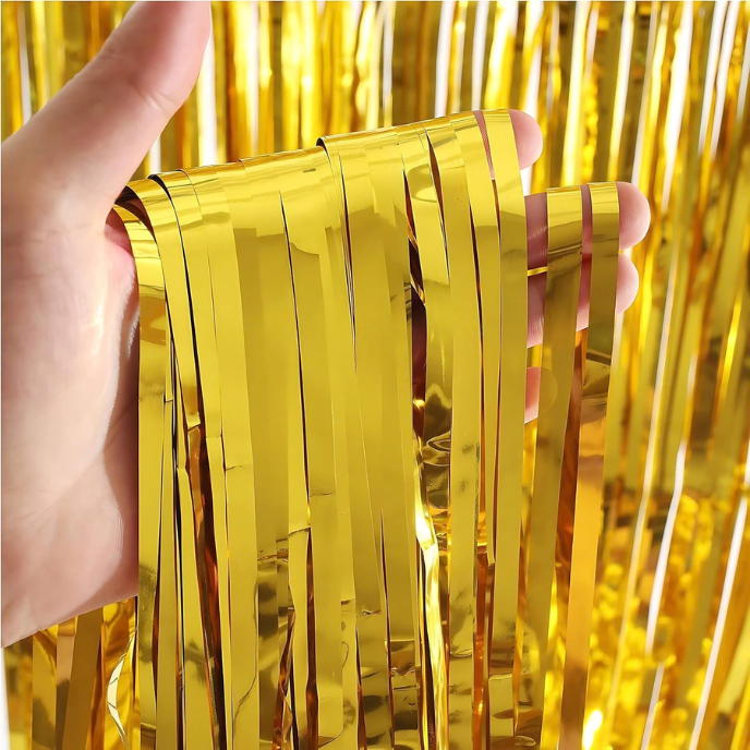 Gold Metallic Foil Fringe Curtain Backdrop – 2 Piece Party Decoration Set