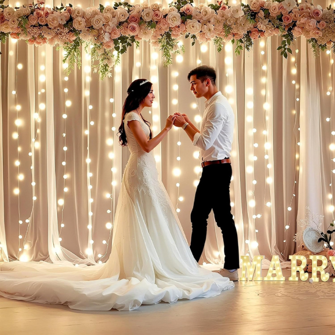White Net Backdrop with Warm LED Fairy Lights – 4 Piece Event Decoration Set