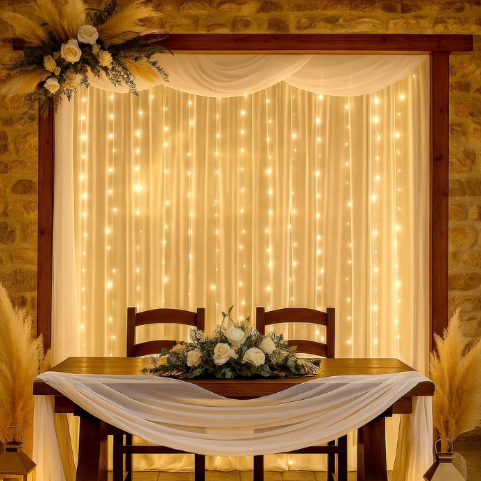 White Net Backdrop with Warm LED Fairy Lights – 4 Piece Event Decoration Set