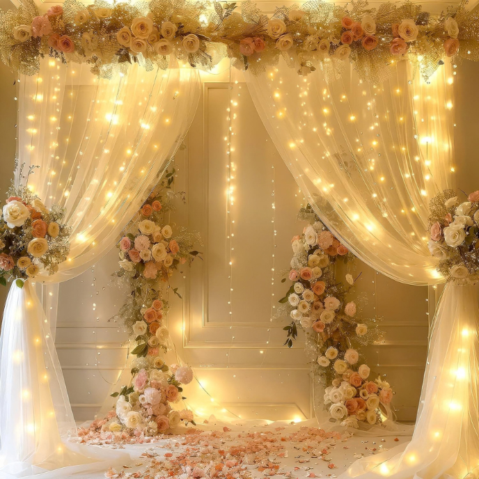 White Net Backdrop with Warm LED Fairy Lights – 4 Piece Event Decoration Set